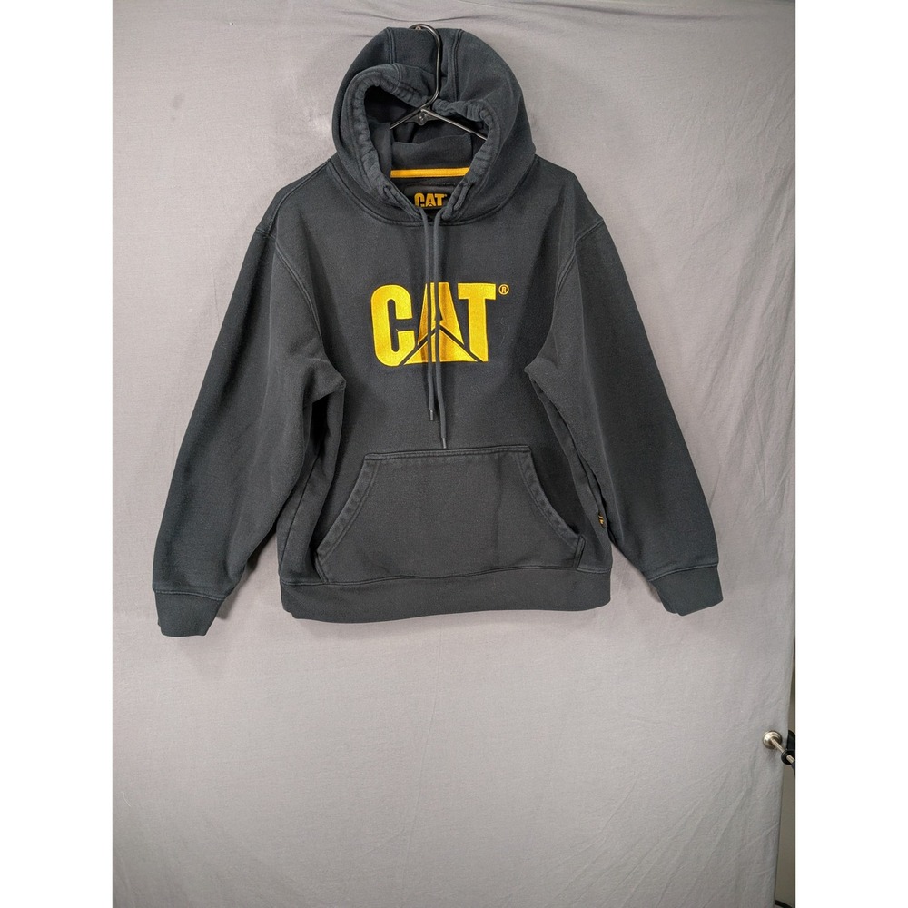 Caterpillar CAT Hoodie Mens Medium Black Yellow Logo Pullover Sweatshirt